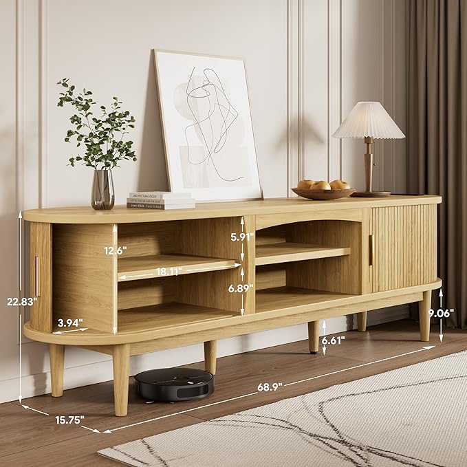 Decofy Mid Century TV Stand for TVs up to 80 Inches, Entertainment Center with Storage, Power Outlet, Fluted Sliding Doors & Adjustable Shelves, Modern Media TV Console Table for Living Room (Oak)