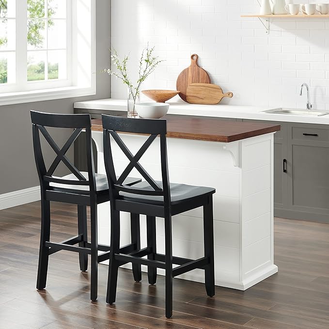 Crosley Furniture Bartlett Kitchen Island with Wood Top and X-Back Stools, White/Black