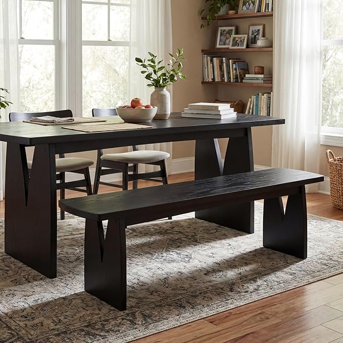 Christopher Knight Home 63" W Dining Bench, Modern Farmhouse Entryway Bench Indoor, Solid Wood Bench with Acacia Legs & MDF Seat, Long Bench for Dining Room Bedroom End of Bed Hallway, 400 lbs, Black