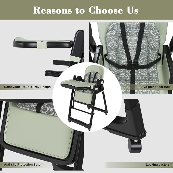 Foldable Baby High Chair with 150° Swing & Recline,Convertible High Chairs for Babies and Toddlers,5 Height Levels,3 Backrest & Footrest Positions,Removable Double Tray,Lockable Wheels (Dark Green)