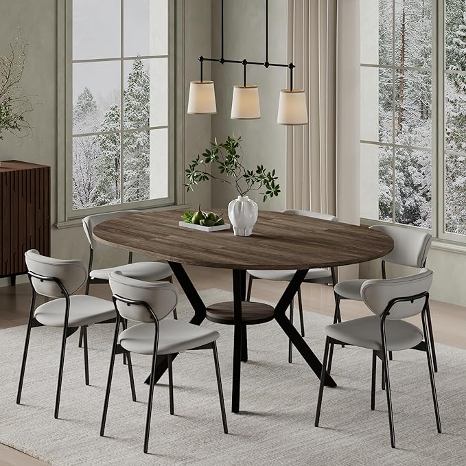 42"-58" Extendable Round Dining Table for 4-6, Kitchen Oval Table with Hidden Leaves & Storage Shelf, Space Saving Modern Design with Sturdy Metal Legs for Kitchen, Dining Room & Small Apartments