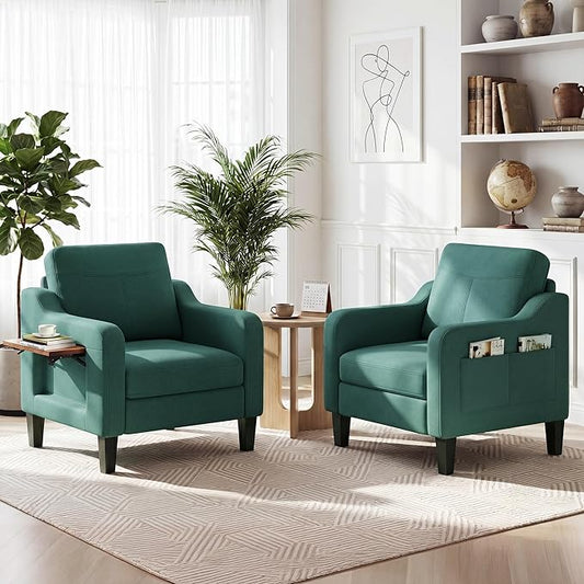 Accent Chairs Set of 2 for Living Room, Mid-Century Upholstered Armchair with Foldable Table & 2 Side Pockets, Modern Linen Wooden Sofa Chair for Bedroom & Reading Room, Green