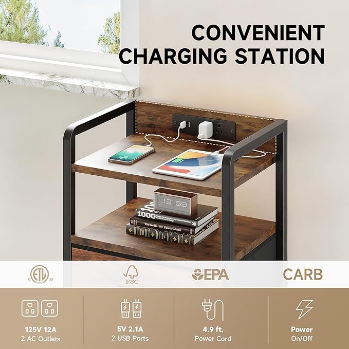 Lazzanto Night Stand Bedside Table Bedroom - Tall Nightstand with Charging Station & LED Light Strip, Bed Side Table with Storage Shelf & 4 Drawers, End Table with U-S-B Ports & AC Outlets, Brown