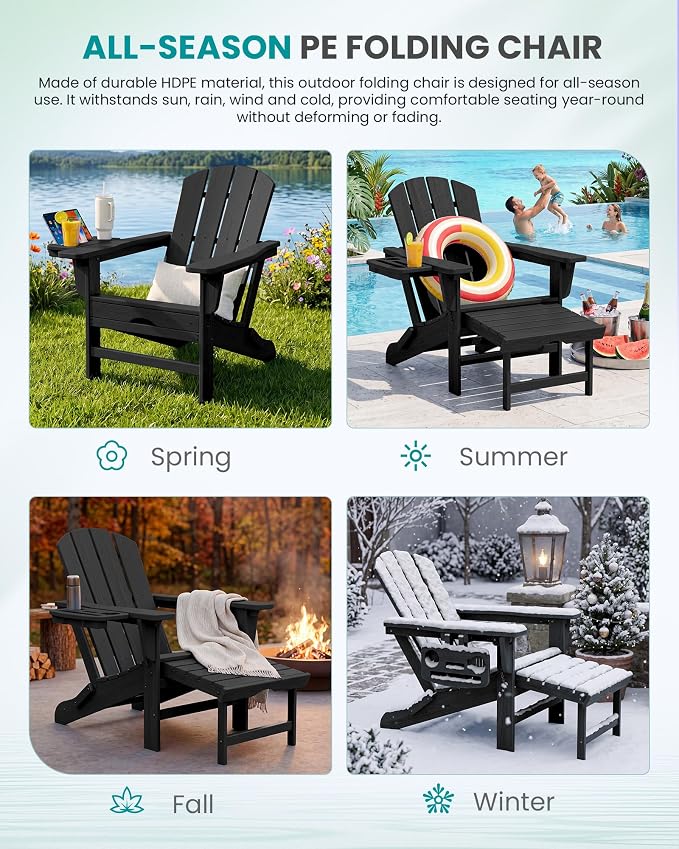 SERWALL Folding Adjustable Adirondack Chair with Footrest, HDPE Outdoor Chair with 4-in-1 Cup Holders, All Weather Adirondack Chair with Ottoman, Black