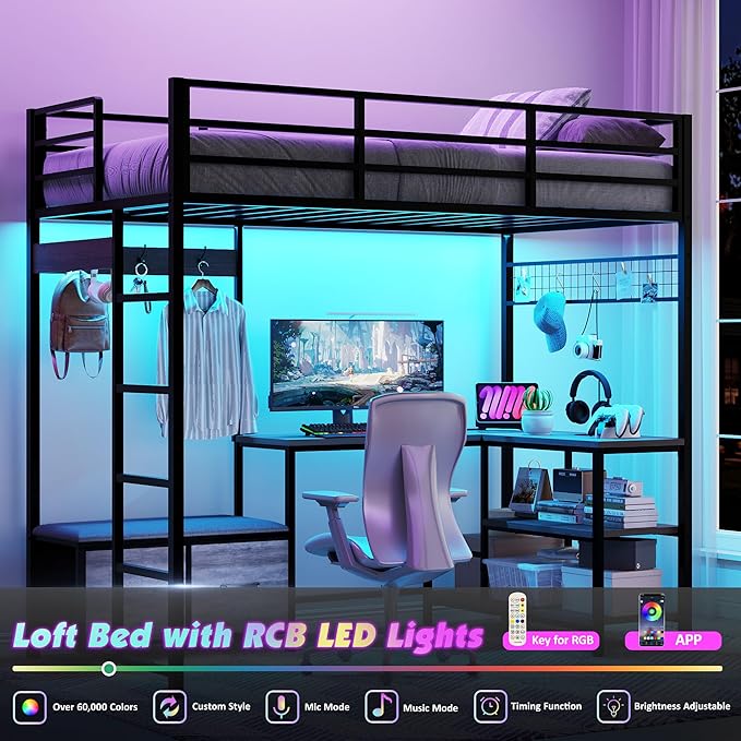 Vabches Twin Size Loft Bed with L-Shaped Desk, LED Lights, Charging Station, Loft Bed Frame with with Storage Drawers,Coat Rack, Safety Guardrail & Ladder, Gray