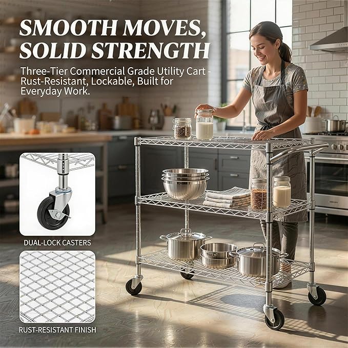 Finnhomy 3 Tier Heavy Duty Commercial Grade Utility Cart, Wire Rolling Cart with Handle Bar, Steel Service Cart with Wheels, Kitchen Carts on Wheels, Metal Cart Shelf Size 24" D x 36" W, NSF, Chrome