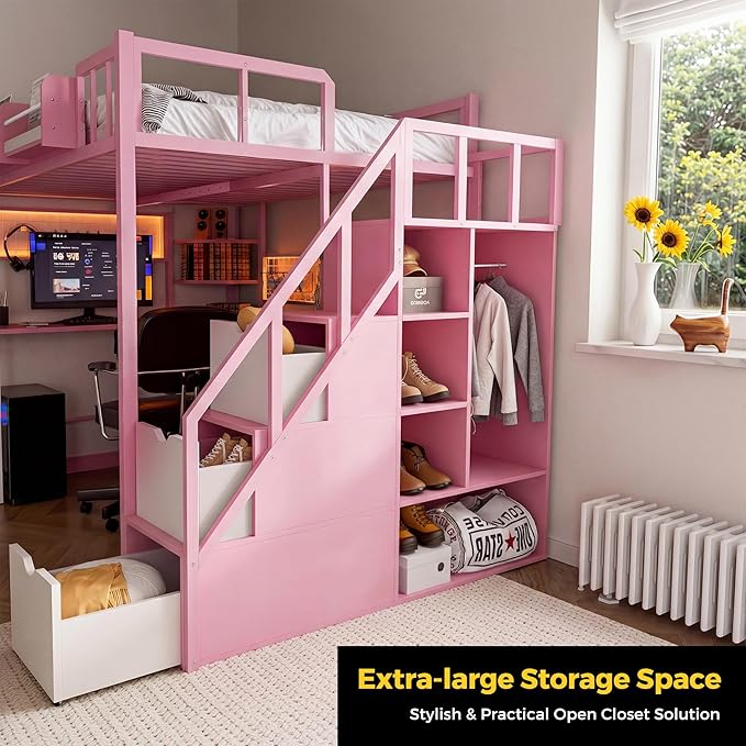 Kikihouse Full Size Loft Bed with Desk and Stairs, Headboard, Wardrobe, Bedside Storage Shelf, 6 Drawers, Charging Station & LED Light, Metal Gaming Loft Bed Frame for Adult Space-Saving