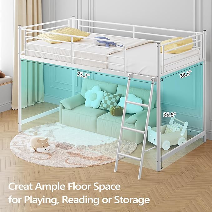 JOYMOR Low Loft Bed with Inclined Ladder, Metal Twin Size Bed Frame with 15” High Guardrail for Boys Girls, Junior, Space Saving, Mattress Not Included (White)