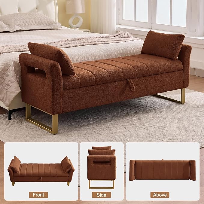 66'' Storage Bench for Bedroom End of Bed King Size, Bedroom Benches for Foot of Bed King, Teddy Brown Ottoman Bench with Storage with Armrest for Windows, Closet