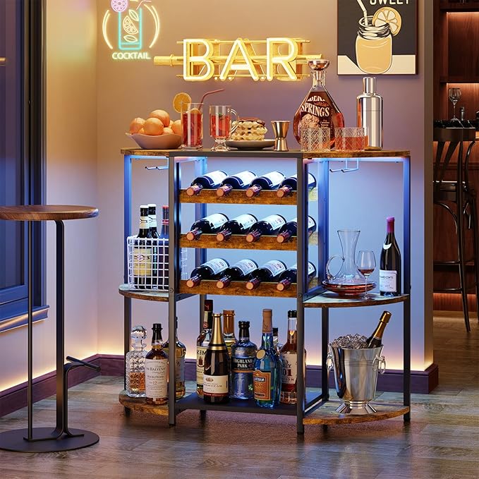 JKsmart Small Wine Bar Cart with LED Lights, Mini Wine Rack with Storage and Glass Holder, Home Bar Cart for Liquor, 3-Tier Bar Table for Kitchen, Dining Room, Living Room, Rustic Brown