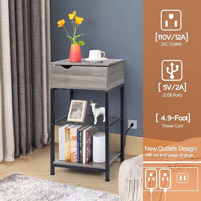 End Table with Charging Station, Bedside Table Nightstand Narrow Sliding Top Side Table with Storage Shelf with USB Ports & Power Outlets for Small Spaces Living Room, Bedroom, Office, Sliver