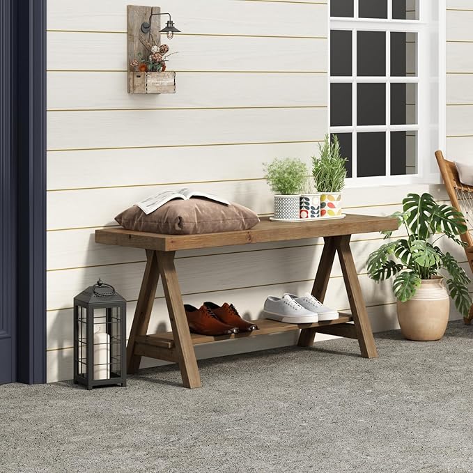 RowyPoey Solid Wood Bench, 39" Farmhouse Entryway Bench with Storage Shelf, Triangular Leg Design, Narrow Rustic Benches for Hallway, Bedroom, Dining, Kitchen, Easy Assembly