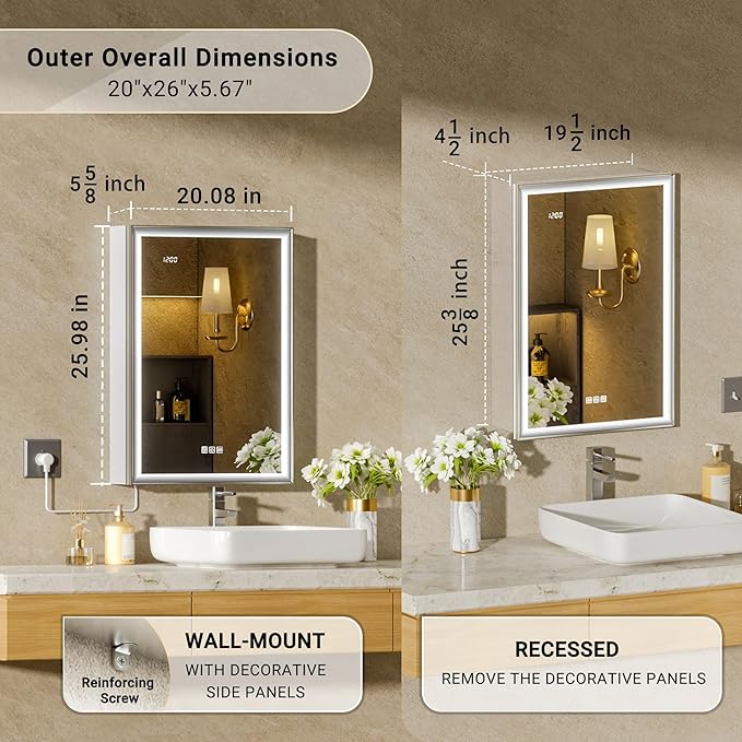 Lighted Medicine Cabinet with Mirror, 20x26 Beveled Brushed Nickel Framed Surface or Recessed Fogless Dimmable LED Medicine Cabinet with Outlet, Time Display and Sensor Inner Light