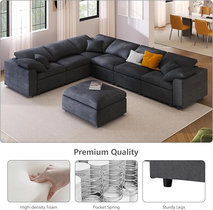 Oversized Modular Sectional Sofa Couch, Large 7 Seater Corner Sofa Modern U Shaped Sectional Couch with Ottoman Cloud Couches for Living Room, Office, Spacious Space, Gray