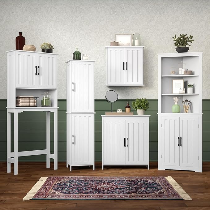 RiverRidge Monroe Two-Door Floor Storage Cabinet - Bathroom Storage Cabinet with Adjustable Shelves - Soft-Close Doors White Finish with Matte Black Handles