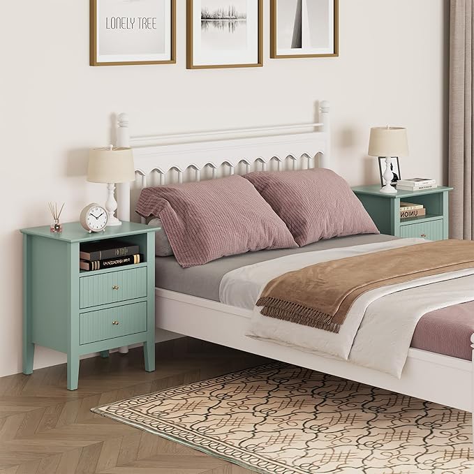 RoyalCraft Fluted Nightstand Set of 2, Colorful Nightstand with 2 Drawers, Modern Wooden End Table with Storage for Small Spaces, Side Table for Bedroom, Couch, Home Office, Milky Green