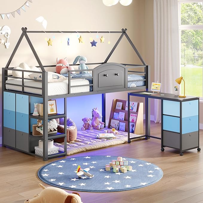 VIAGDO Twin Loft Bed with Desk and Storage for Kids, Metal Low Loft Bed Twin with 9 Drawers, 3-Tier Shelves, Led Lights, Safety Guardrail, No Box Spring Needed,Grey
