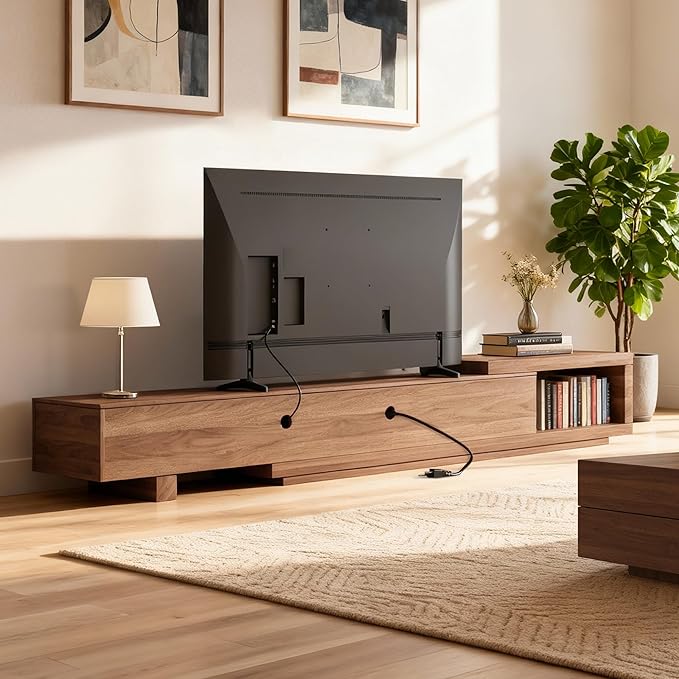 78.5"-105" Mid-Century Modern Extendable TV Stand, Walnut Media Console with 2 Drawers and 2 Cabinets, Fits TVs up to 100 Inches for Living Room or Bedroom