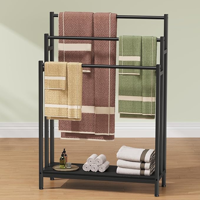 46" Extra Large Freestanding Towel Rack Stand for Bathroom, 3 Tier Blanket Ladder Holder, Outdoor Bath Towel Drying Rack with Shelf, Next to Tub or Shower, Quilt Rack, Black