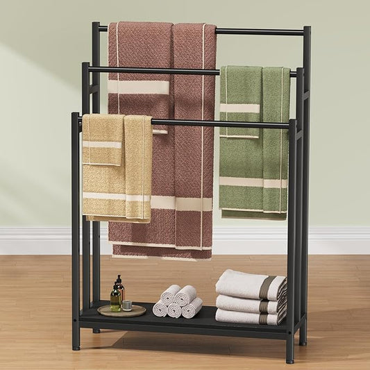 46" Extra Large Freestanding Towel Rack Stand for Bathroom, 3 Tier Blanket Ladder Holder, Outdoor Bath Towel Drying Rack with Shelf, Next to Tub or Shower, Quilt Rack, Black