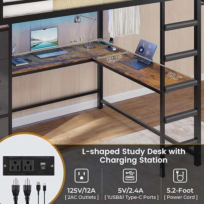 DICTAC Full Loft Bed with L-Shaped Desk and 7 Storage Drawers,Metal Full Size Loft Bed for Teen with LED Lights and Charging Station,13.11" H Safety Guardrail and Ladder,No Box Spring Needed, Black