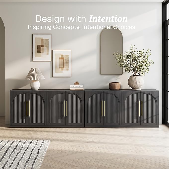 BELLEZE Set of 2 65" Sideboard Cabinet with Double-Arc Wood Doors, Large Buffet Cabinet with Storage and Adjustable Shelves, Classic Modern Console Table for Dining Room Living Room Entryway (Ebony)