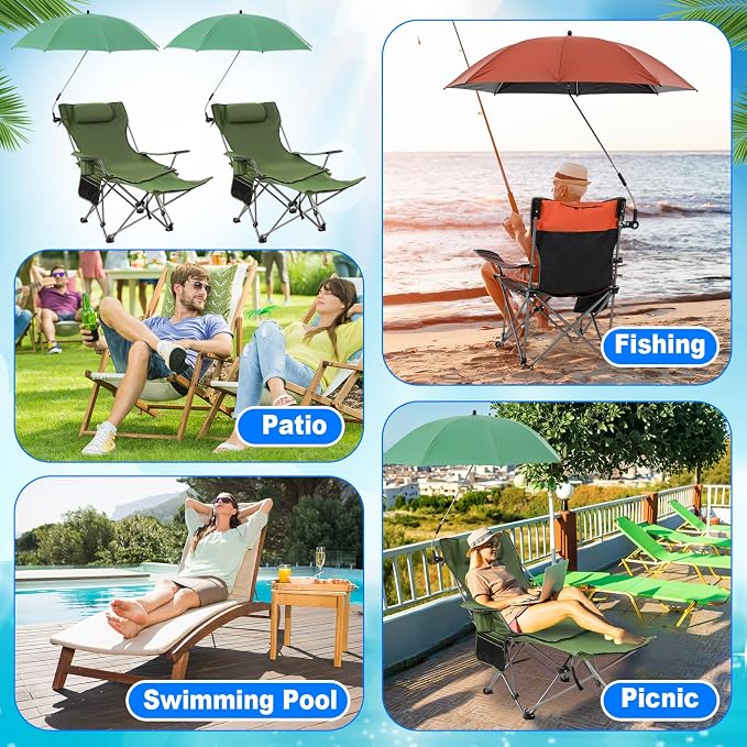 Yuntau 2 Set Reclining Beach Chairs with UPF 50+ Umbrellas Shade, Upgraded Heavy Duty Portable Folding Lounge Camping Chair with Canopy Removable Footrest & Headrest for Outdoor Patio(Green)