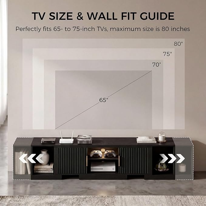 IRONCK TV Stand for 55-80 Inches TVs, 63"-84.6" Adjustable Length, Extendable Corner Entertainment Center with Storage Cabinets, Fluted Doors Modern Media Console, Ideal for Living Room, Black