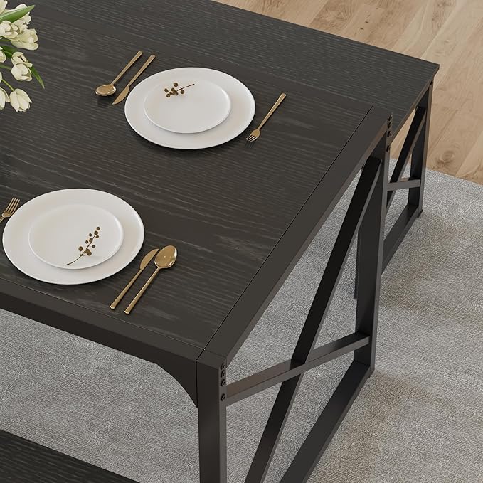 VECELO 55” Kitchen Dining Table Set for 4, Heavy-Duty Steel Frame & Wood-Grain Tabletop, Space-Saving Dinette Sets with 2 Benches for Breakfast Nook and Small Space, Black