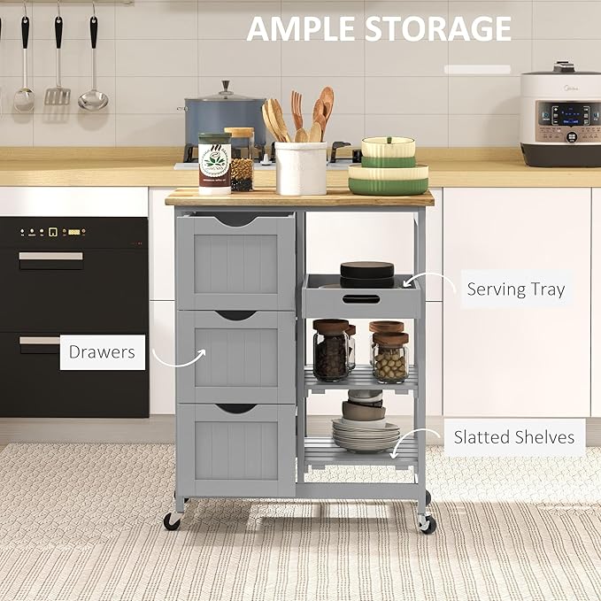 HOMCOM Rolling Kitchen Island Cart, Bar Serving Cart, Compact Trolley on Wheels with Wood Top, Shelves & Drawers for Home Dining Area, Gray