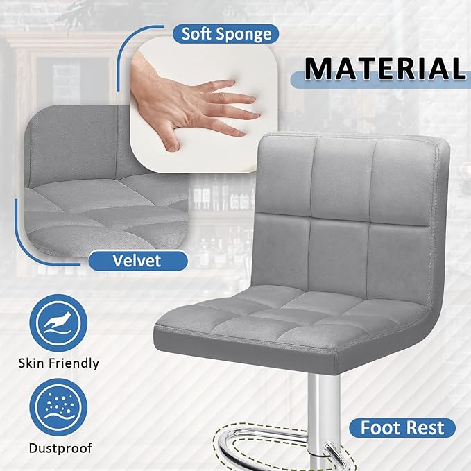 Homall Bar Stools Modern Velvet Adjustable Swivel Barstools, Armless Hydraulic Kitchen Counter Bar Stool Extra Height Square Island Barstool with Back Set of 2 (Velvet, Gray)