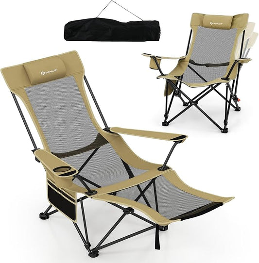 Goplus Camping Lounge Chair w/Detachable Footrest, Folding Beach Chair w/4-position Backrest, Carrying Bag, Removable Pillow, Cup Holder, Storage Pouch, Reclining Chair, 330LBS Capacity (Green,1)