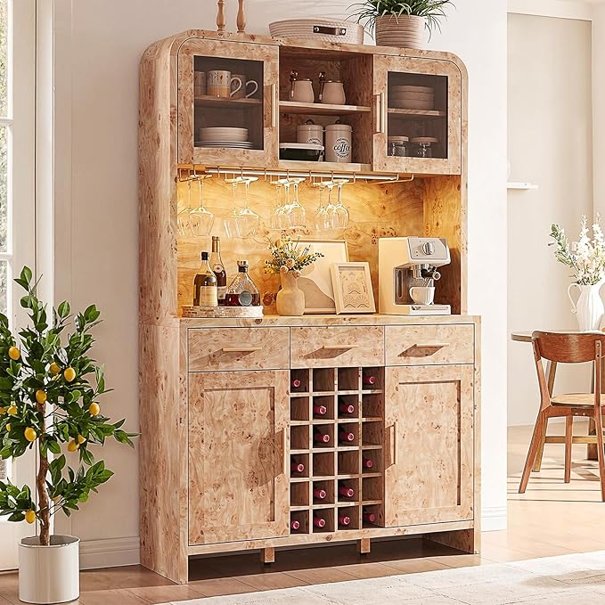 77" Tall Wine Bar Cabinet with Storage Hutch and 3 Drawers, Coffee Bar Cabinet with LED Lights and 24 Bottle Wine Rack for Home Dining Room Kitchen, Light Burl