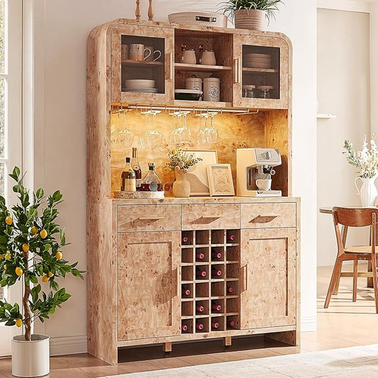 77" Tall Wine Bar Cabinet with Storage Hutch and 3 Drawers, Coffee Bar Cabinet with LED Lights and 24 Bottle Wine Rack for Home Dining Room Kitchen, Light Burl