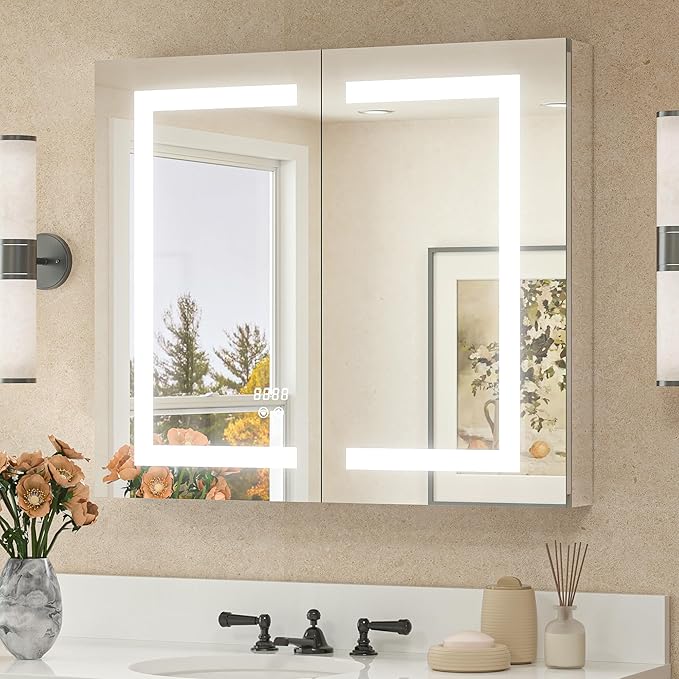 TETOTE LED Lighted Medicine Cabinet with Lights 30 x 26 Recessed or Surface Mount Cabinet Mirror for Bathroom Wall, 2 Door Tempered Glass Led Vanity Cabinet, Outlets & USB, 3-Color Dimming, Anti-Fog