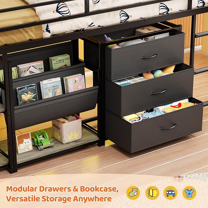 JOYMOR Low Loft Bed Twin Size with 3 Storage Drawers, 2 Tier Storage Shelves, 2 Tier Bookcase and LED Lights, Metal Kids Loft Bed with Safety Guardrail, Spave Saving Design (Black)