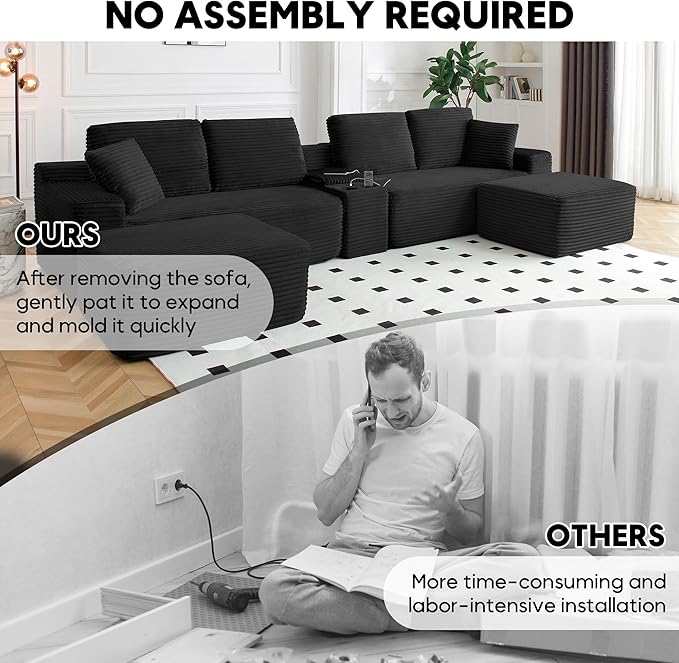 125 Inch Modular Sectional Sofa, Modern Oversized Corduroy Cloud Couch with 2 Ottomans, Cup Holders and USB Ports, U Shape Couch Boneless Couches for Living Room, No Assembly Required, Black
