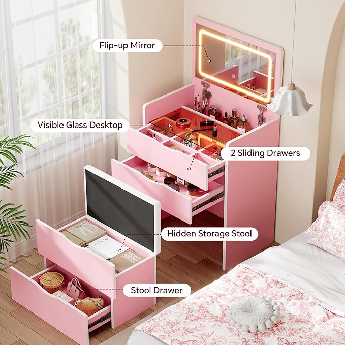 Mr IRONSTONE Compact Vanity Desk with Mirror and Lights, Hidden Makeup Vanity Cabinet with Storage Drawers & Shelves, Small Vanity Table for Bedroom, Flip Top Vanity for Small Spaces, Pink