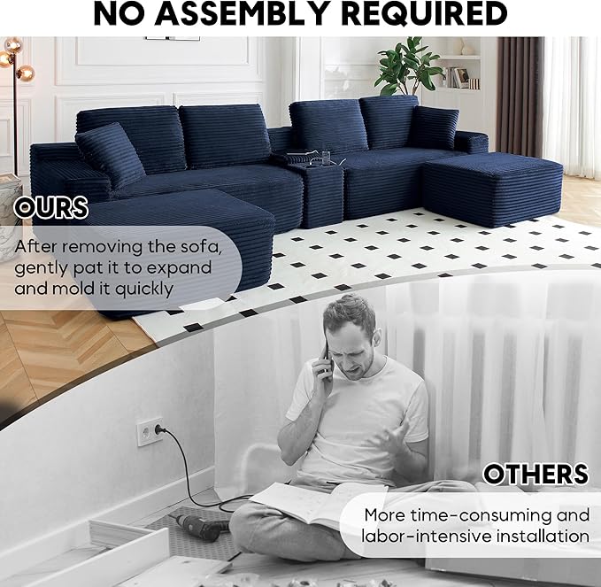 125 Inch Modular Sectional Sofa, Modern Oversized Corduroy Cloud Couch with 2 Ottomans, Cup Holders and USB Ports, U Shape Couch Boneless Couches for Living Room, No Assembly Required, Blue
