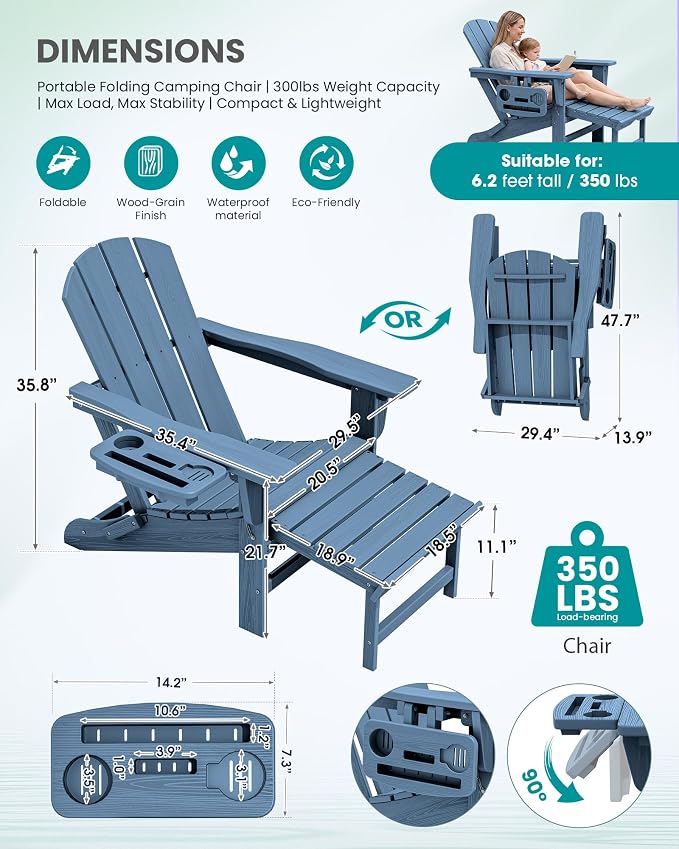 SERWALL Folding Adjustable Adirondack Chair with Footrest, HDPE Outdoor Chair with 4-in-1 Cup Holders, All Weather Adirondack Chair with Ottoman, Blue