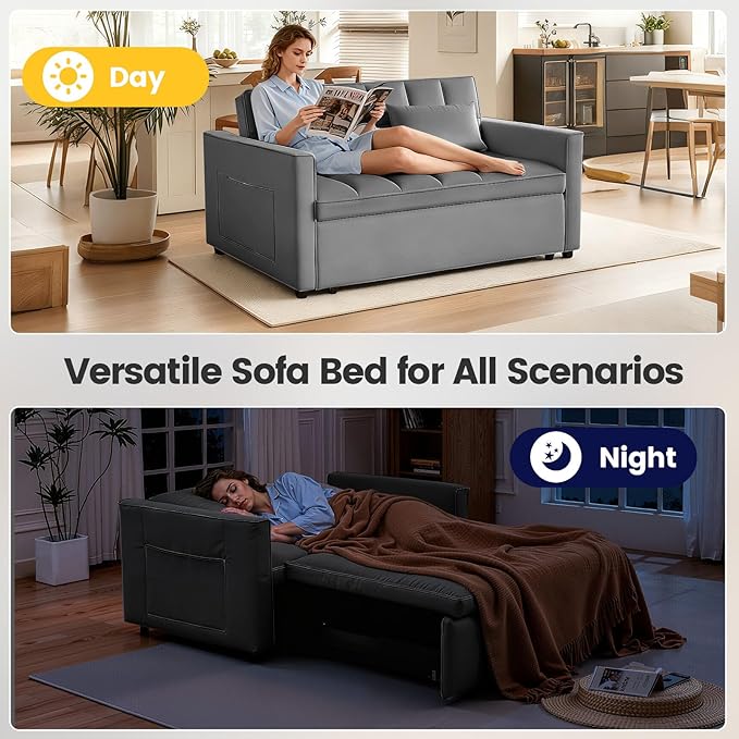 3 in 1 Convertible Sleeper Sofa Bed, Velvet Fabric Loveseat Sofa Bed with Adjustable Backrest & Large Side Pockets, Pull Out Couch for Small Spaces, Apartment, Living Room, Dark Gray