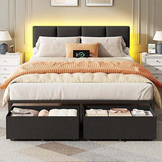 Furnulem Queen Bed Frame with Charging Station and LED Lights, Upholstered Headboard, Metal Platform Bed with 2 Fabric Storage Drawers, Noise Free, No Box Spring Needed, Gery