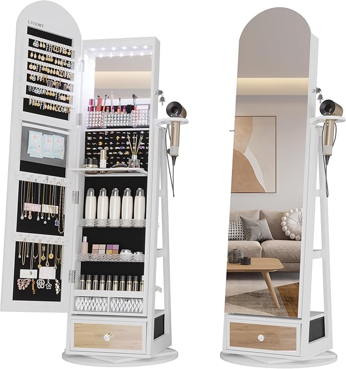 LVSOMT 64" H Arched LED Mirror Jewelry Cabinet Standing, 360° Swivel Full-Length Mirror with Storage, Lockable Jewelry Organizer with Inner Makeup Shelf, Gift for Women, White