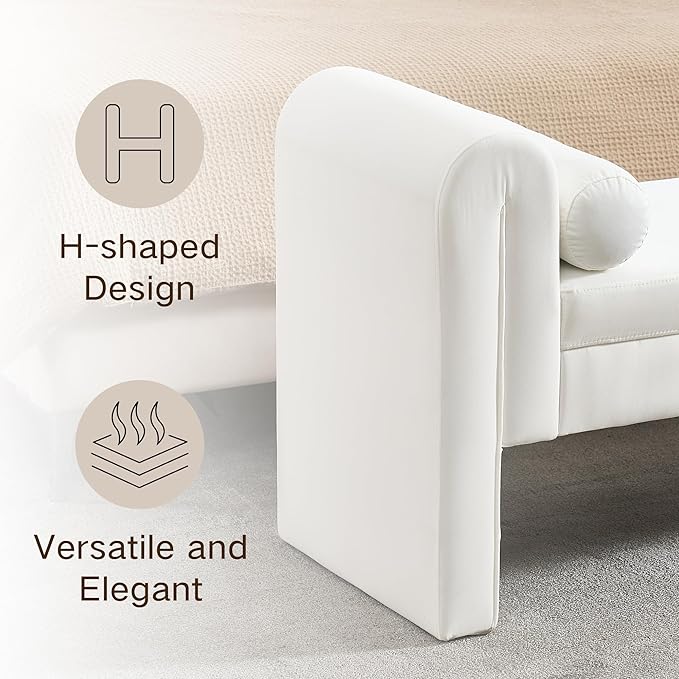 Modern Bench for Bedroom End of Bed, 60.5" Velvet Upholstered Rolled Armed Stool Bench, Ottoman Long Bench with 2 Pillows for Entryway/Bedroom/Hall/Living Room (White-60.5 Inch)