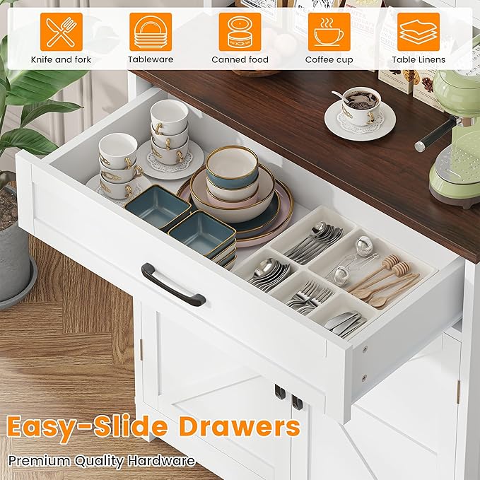 Saudism 70" Tall Farmhouse Kitchen Pantry Cabinet, Wooden Storage Cupboard with Barn Doors, Drawers & Cup Holder, Microwave Stand for Dining Room, White