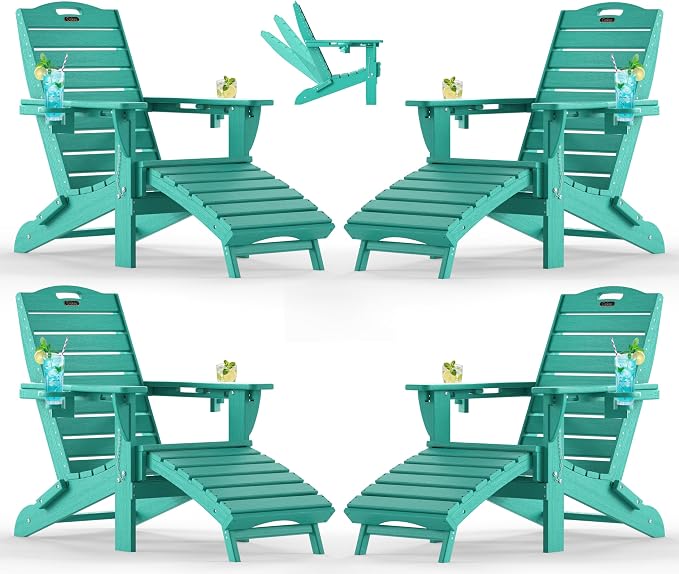 Ciokea Folding Adirondack Chair Set of 4 with Retractable Ottoman Fire Pit Patio Chair with Pull Out Foot Rest Weather Resistant Lawn Outdoor Chair with 2 Cup Holder (Lake Blue)