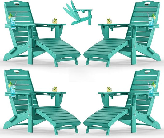 Ciokea Folding Adirondack Chair Set of 4 with Retractable Ottoman Fire Pit Patio Chair with Pull Out Foot Rest Weather Resistant Lawn Outdoor Chair with 2 Cup Holder (Lake Blue)
