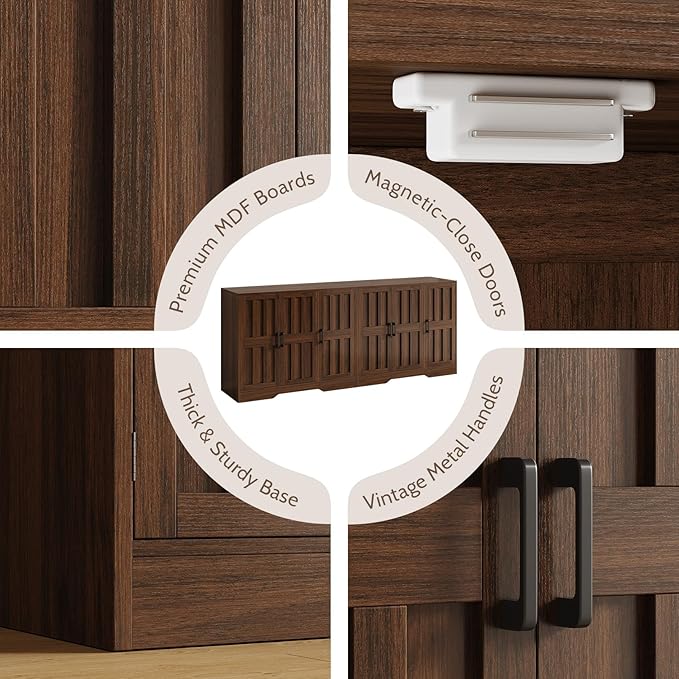 Modern Farmhouse Buffet Cabinet with Storage, 85" Large Sideboard Storage Cabinet with 6 Barn Doors, Coffee Liquor Bar Cabinet Wood Table Credenza with Adjustable Shelf for Kitchen Dining Living Room