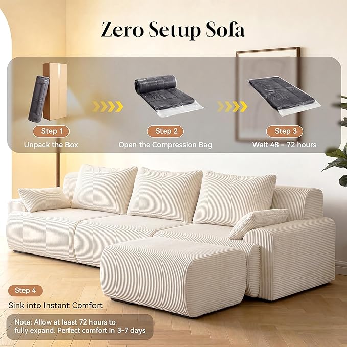 GRUSIGN 118'' Sectional Boneless Oversize Modular Couches, Curved Cloud Sectional Couches for Living Room,Rounded Corner Design L Shape Deep Seat Family Sofa with Ottoman & 3 Throw Pillows, Beige