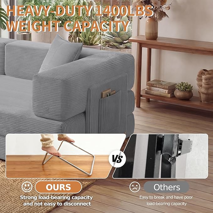 78.8" Convertible Sofa Bed with Armrest Pillow, 4-in-1 Sleeper Couch Bed for Livingroom, Modular Corduroy Boneless couches, No Assembly (Grey)